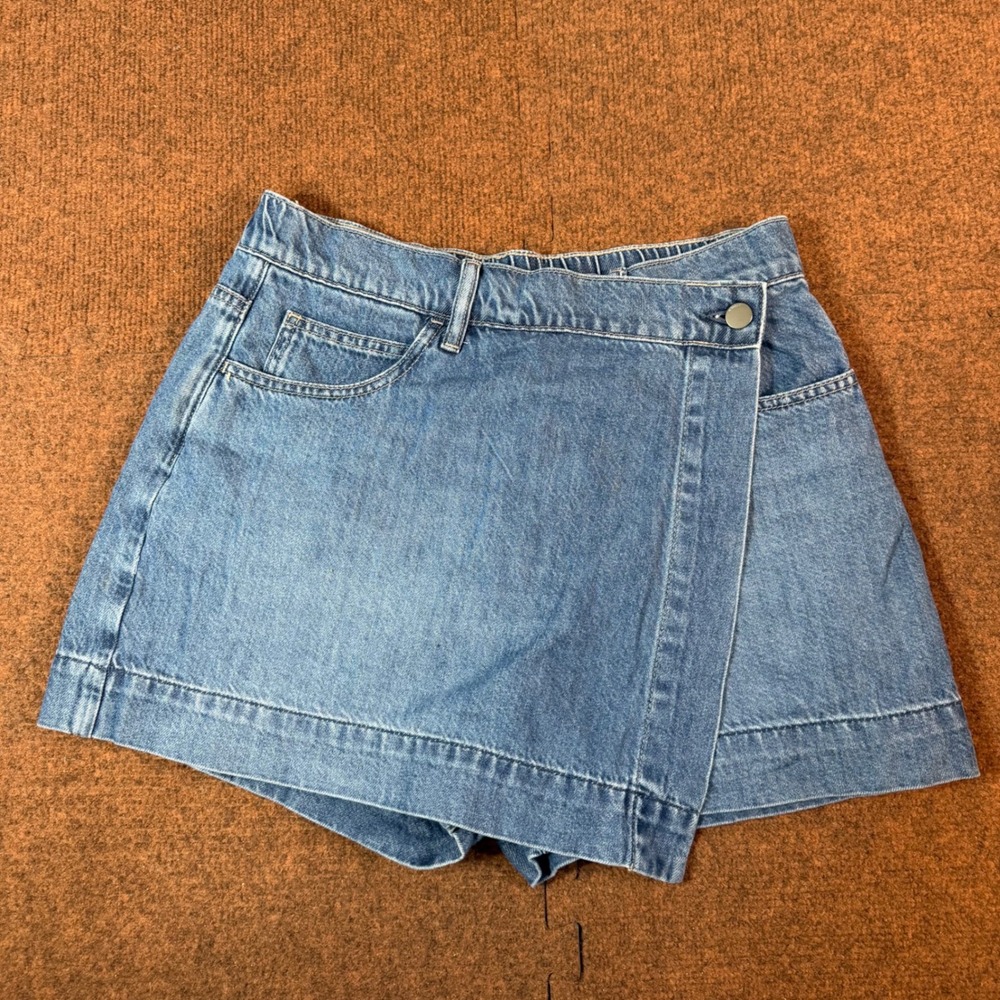 A+ Uniqlo Denim Skort Medium Wash Wrap Front Elastic Back 221-477522 Blue Size M